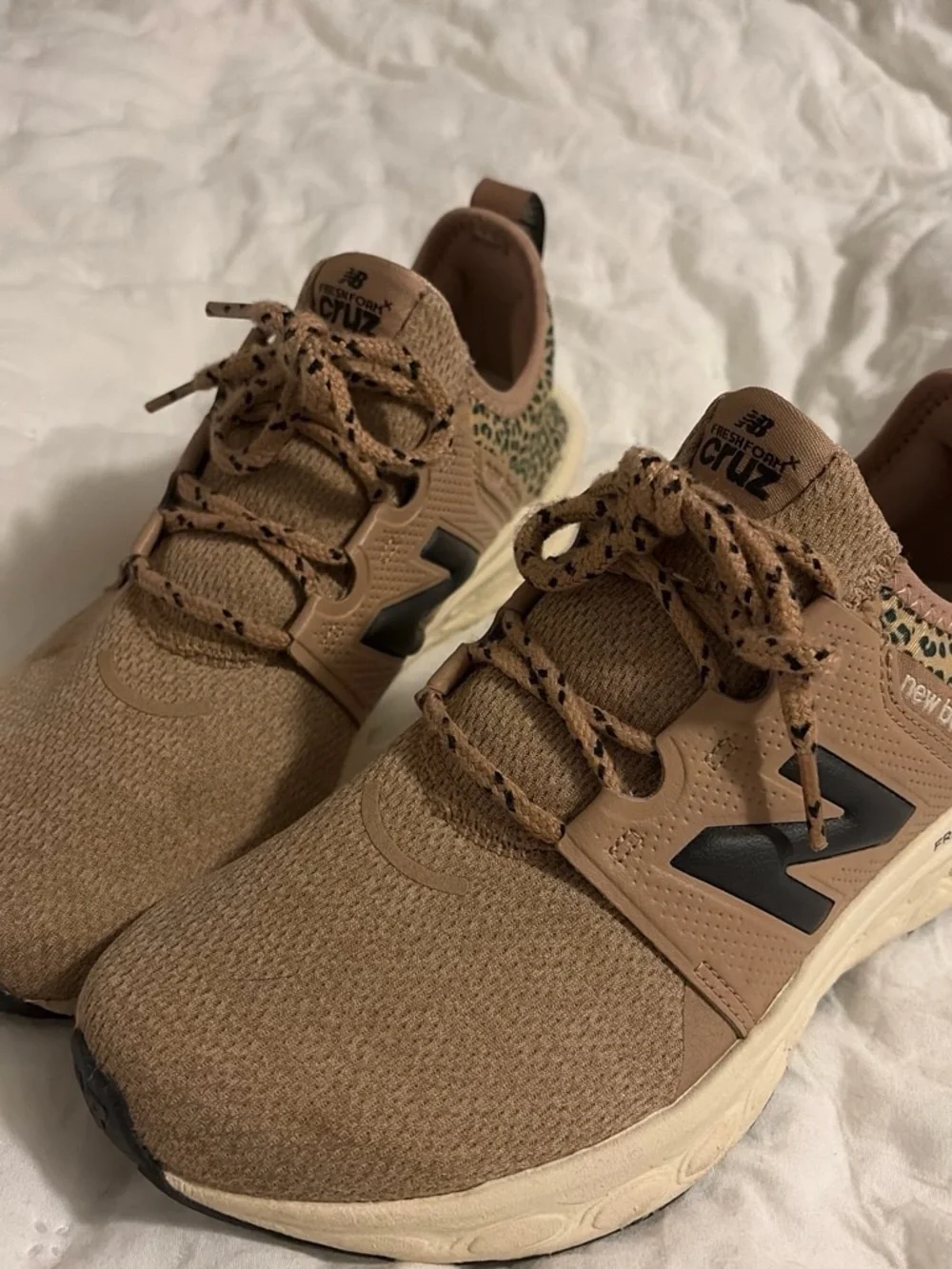 New Balance Tan Sneakers with Black N and Leopard Heel
